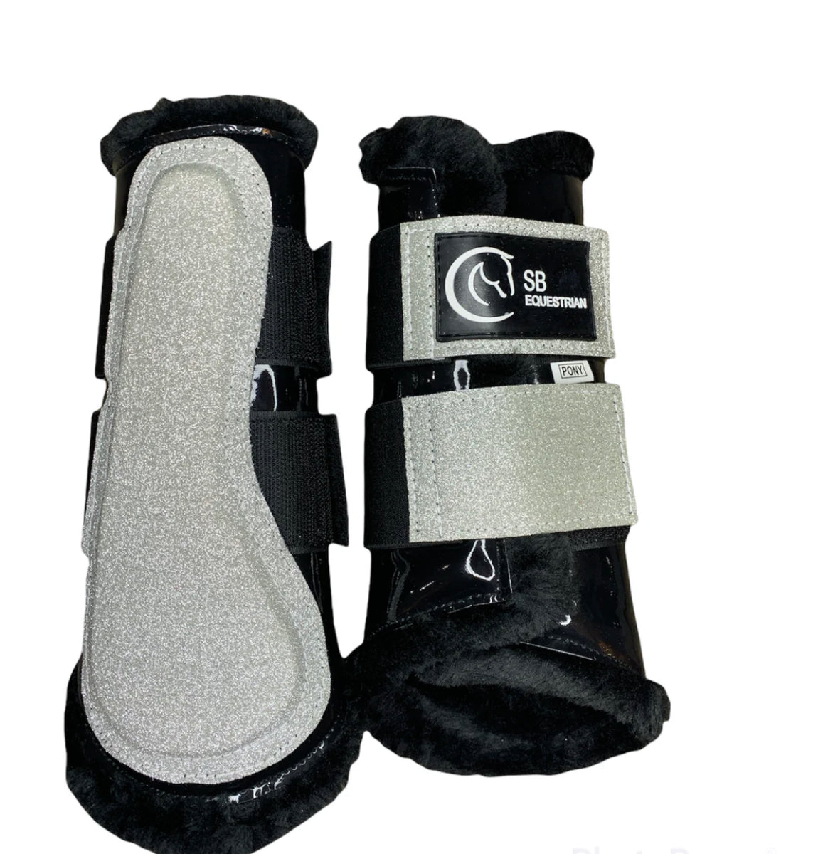 Black & Silver Glitter Brushing Boots with black fur S B Equestrian
