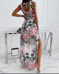 Pink floral print chiffon v neck dress with split