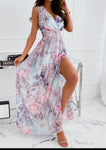 Pink and Blue floral print chiffon v neck dress with split