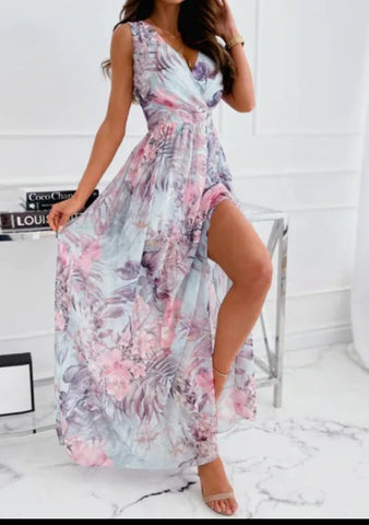 Pink and Blue floral print chiffon v neck dress with split