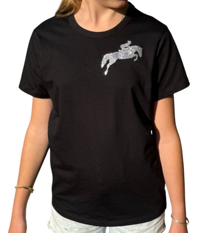 Black cotton tee shirt with solid glitter jump horse and rider