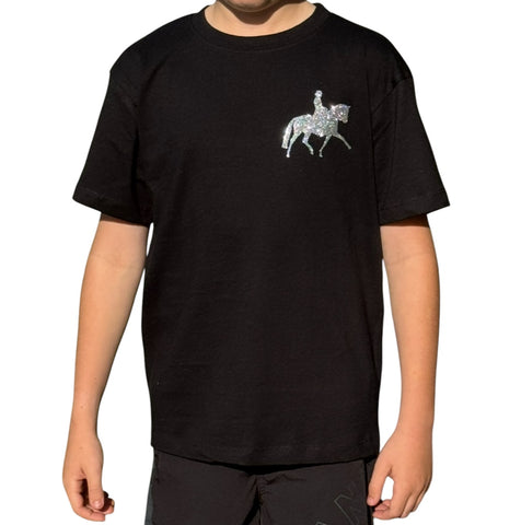 Black cotton tee shirt with solid glitter dressage horse