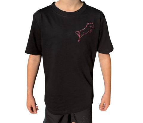 Black cotton tee shirt with outline pink glitter jumping horse