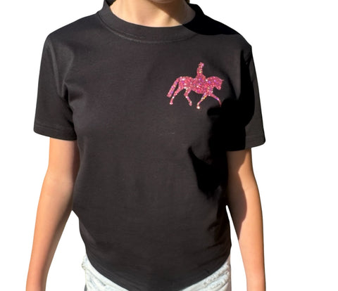 Black cotton tee shirt with solid pink glitter dressage horse