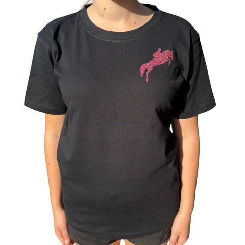 Black cotton tee shirt with solid pink glitter jumping horse and rider