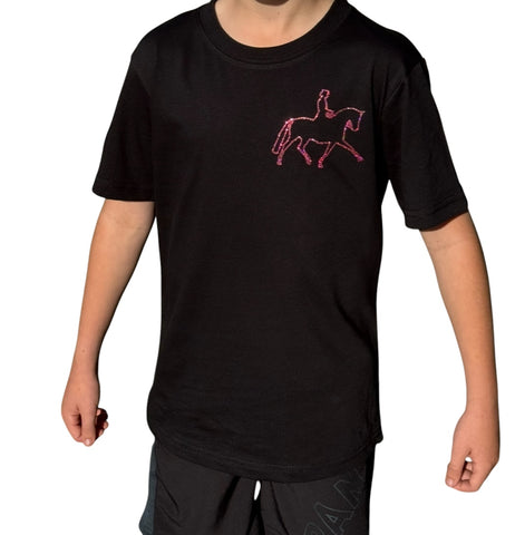 Black cotton tee shirt with outline pink glitter dressage horse