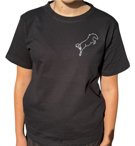 Black cotton tee shirt with outline glitter jump horse