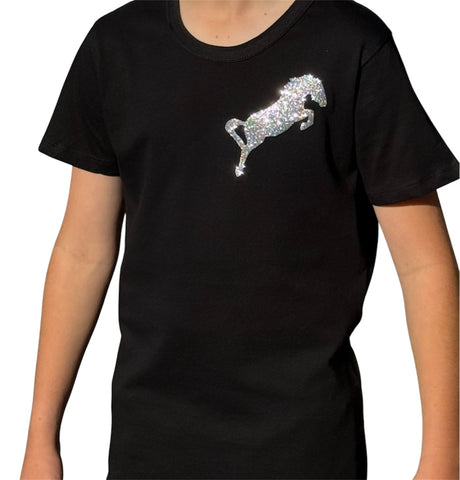 Black cotton tee shirt with solid glitter jump horse