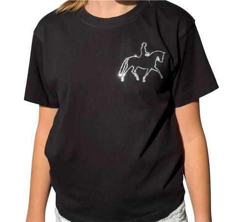 Black cotton tee shirt with outline silver glitter dressage horse and rider