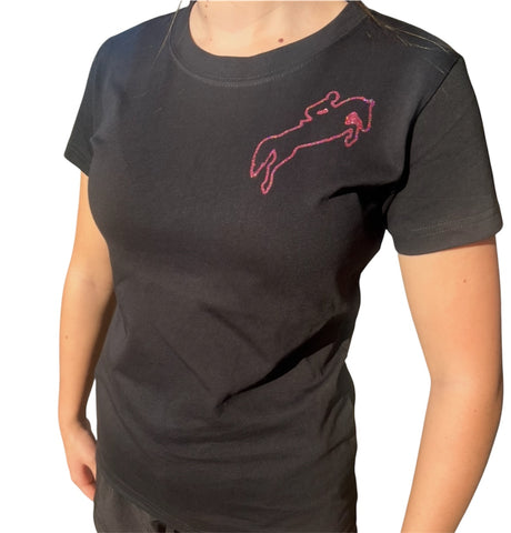 Black cotton tee shirt with outline pink glitter jumping horse and rider