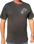 Black cotton tee shirt with outline white jumping horse and rider
