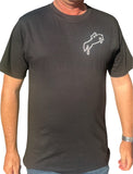 Black cotton tee shirt with outline white jumping horse and rider