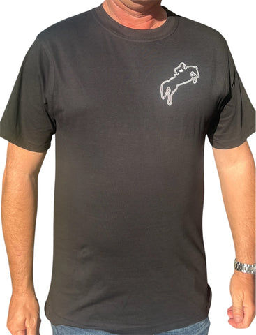 Black cotton tee shirt with outline white jumping horse and rider