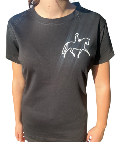 Black cotton tee shirt with outline white dressage horse and rider