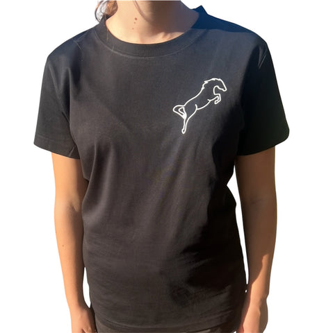 Black cotton tee shirt with outline white jumping horse