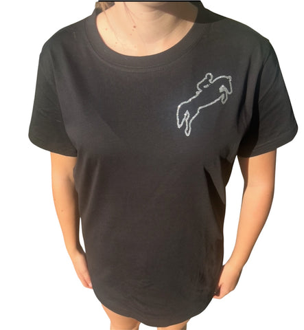 Black cotton tee shirt with outline glitter jump horse and rider