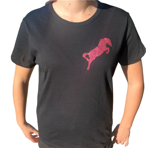 Black cotton tee shirt with solid pink glitter jumping horse