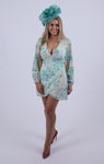 Aqua Floral print long sleeved dress