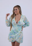 Aqua Floral print long sleeved dress