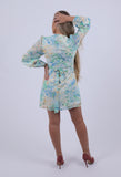 Aqua Floral print long sleeved dress