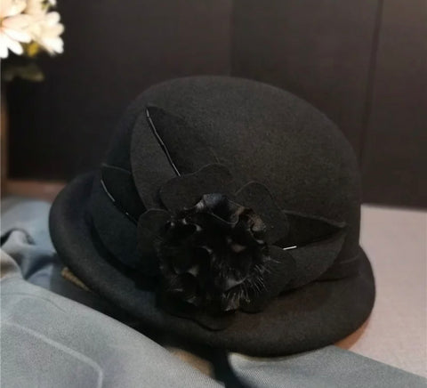 Black Wool Flower Felt Hat