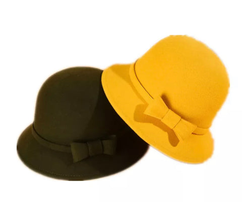 Yellow 100 % Wool Felt Hat with Bow