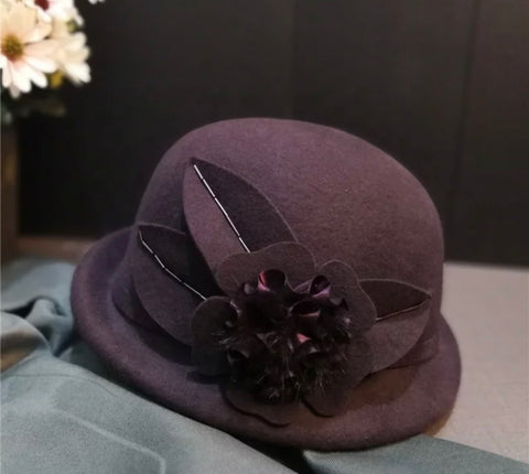 Purple Wool Flower Felt Hat